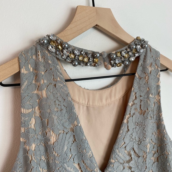 ELIZA J Grey Lace Dress With Jeweled Neckline | Size 6 | Wedding/Cocktail - Picture 8 of 15